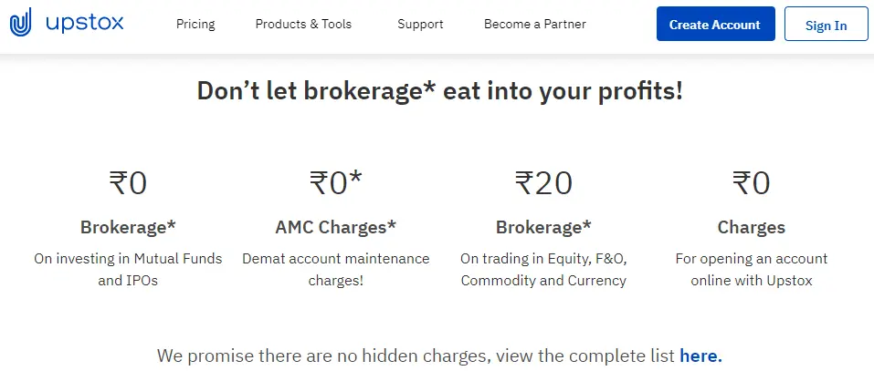 Upstox brokerage chages
